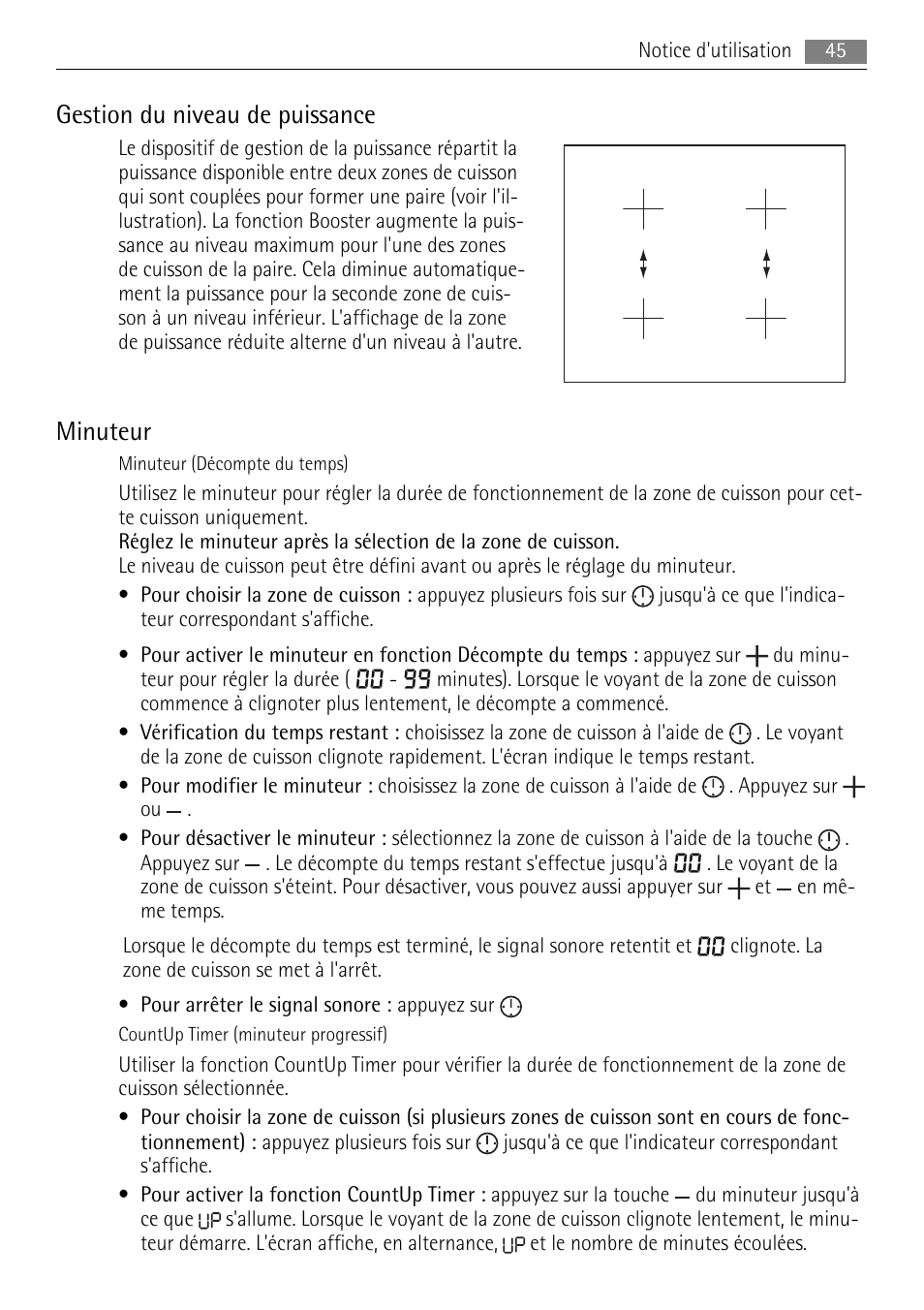 Gestion du niveau de puissance, Minuteur | AEG HK764403IB User Manual | Page 45 / 72