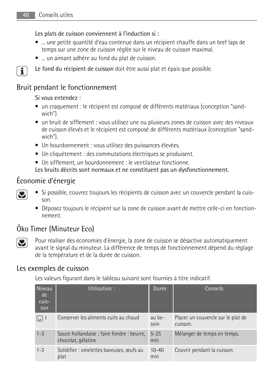 Bruit pendant le fonctionnement, Économie d'énergie, Öko timer (minuteur eco) | Les exemples de cuisson | AEG HK764403IB User Manual | Page 48 / 72