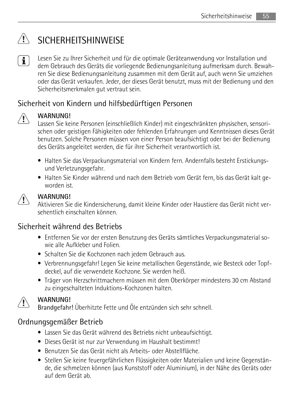 Sicherheitshinweise, Sicherheit während des betriebs, Ordnungsgemäßer betrieb | AEG HK764403IB User Manual | Page 55 / 72