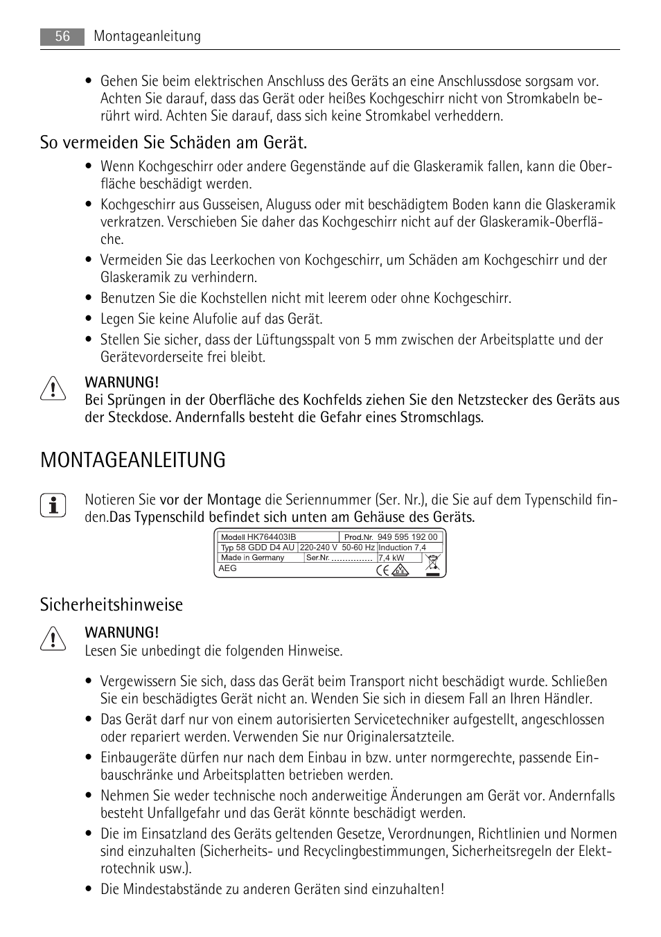 Montageanleitung, So vermeiden sie schäden am gerät, Sicherheitshinweise | AEG HK764403IB User Manual | Page 56 / 72