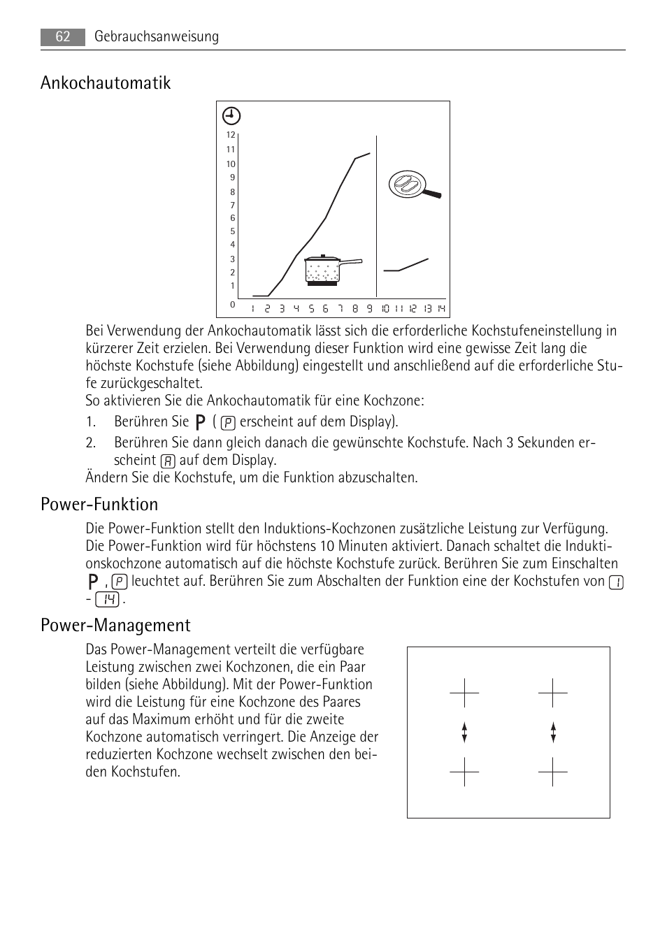 Ankochautomatik, Power-funktion, Power-management | AEG HK764403IB User Manual | Page 62 / 72