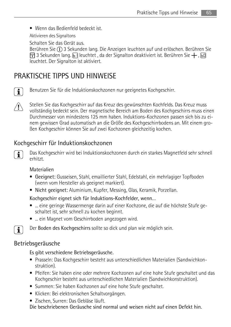 Praktische tipps und hinweise, Kochgeschirr für induktionskochzonen, Betriebsgeräusche | AEG HK764403IB User Manual | Page 65 / 72