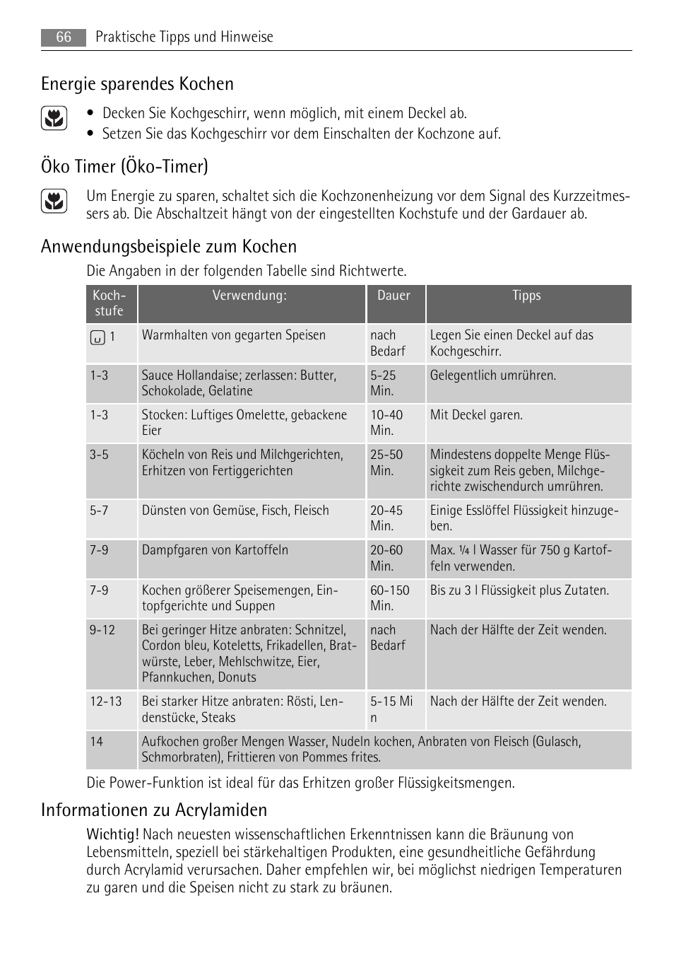 Energie sparendes kochen, Öko timer (öko-timer), Anwendungsbeispiele zum kochen | Informationen zu acrylamiden | AEG HK764403IB User Manual | Page 66 / 72