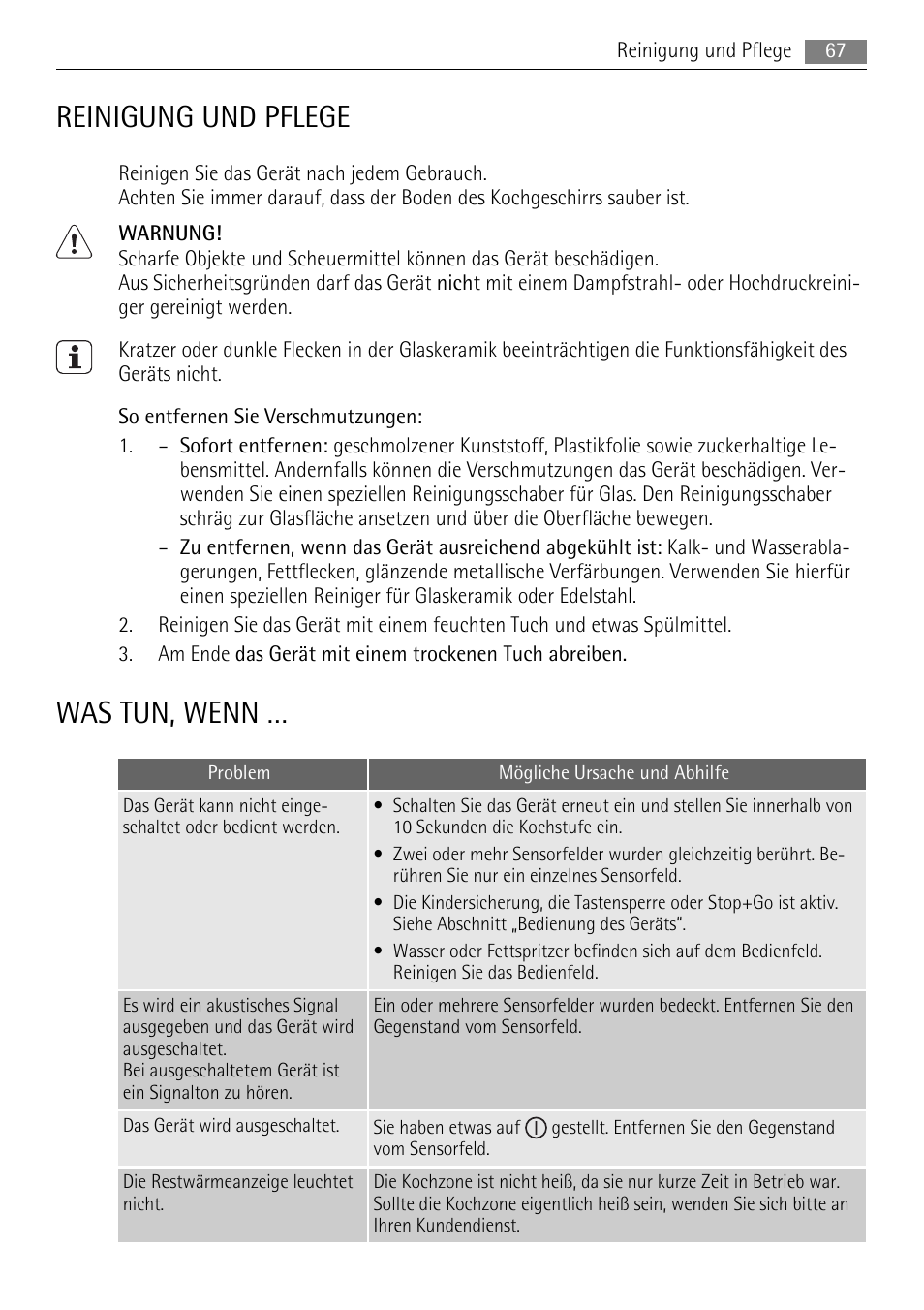 Reinigung und pflege, Was tun, wenn | AEG HK764403IB User Manual | Page 67 / 72