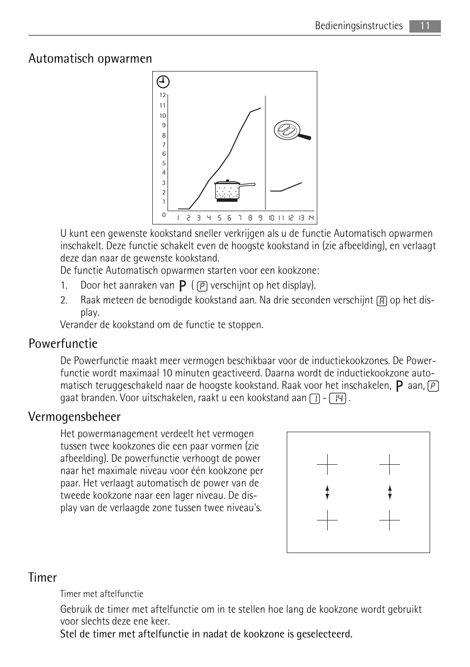 Automatisch opwarmen, Powerfunctie, Vermogensbeheer | Timer | AEG HK764403FB User Manual | Page 11 / 72
