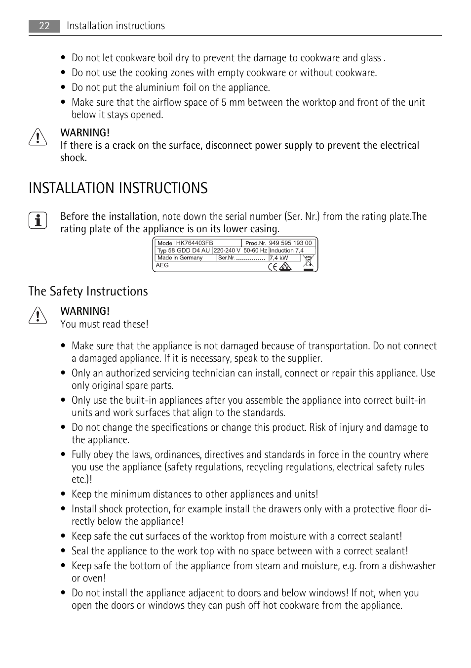 Installation instructions, The safety instructions | AEG HK764403FB User Manual | Page 22 / 72