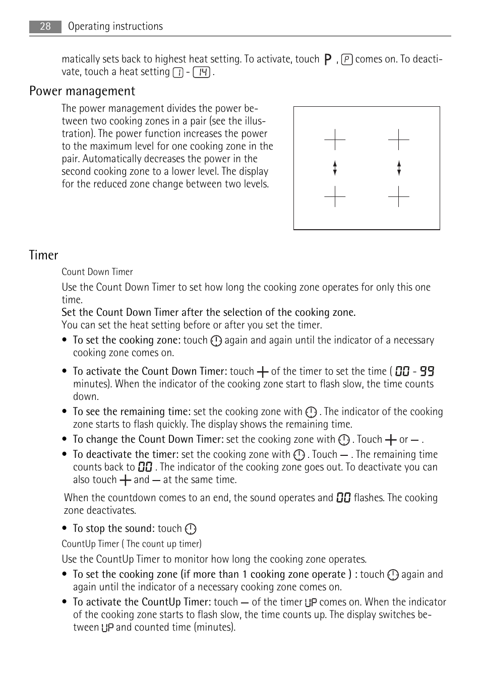 Power management, Timer | AEG HK764403FB User Manual | Page 28 / 72