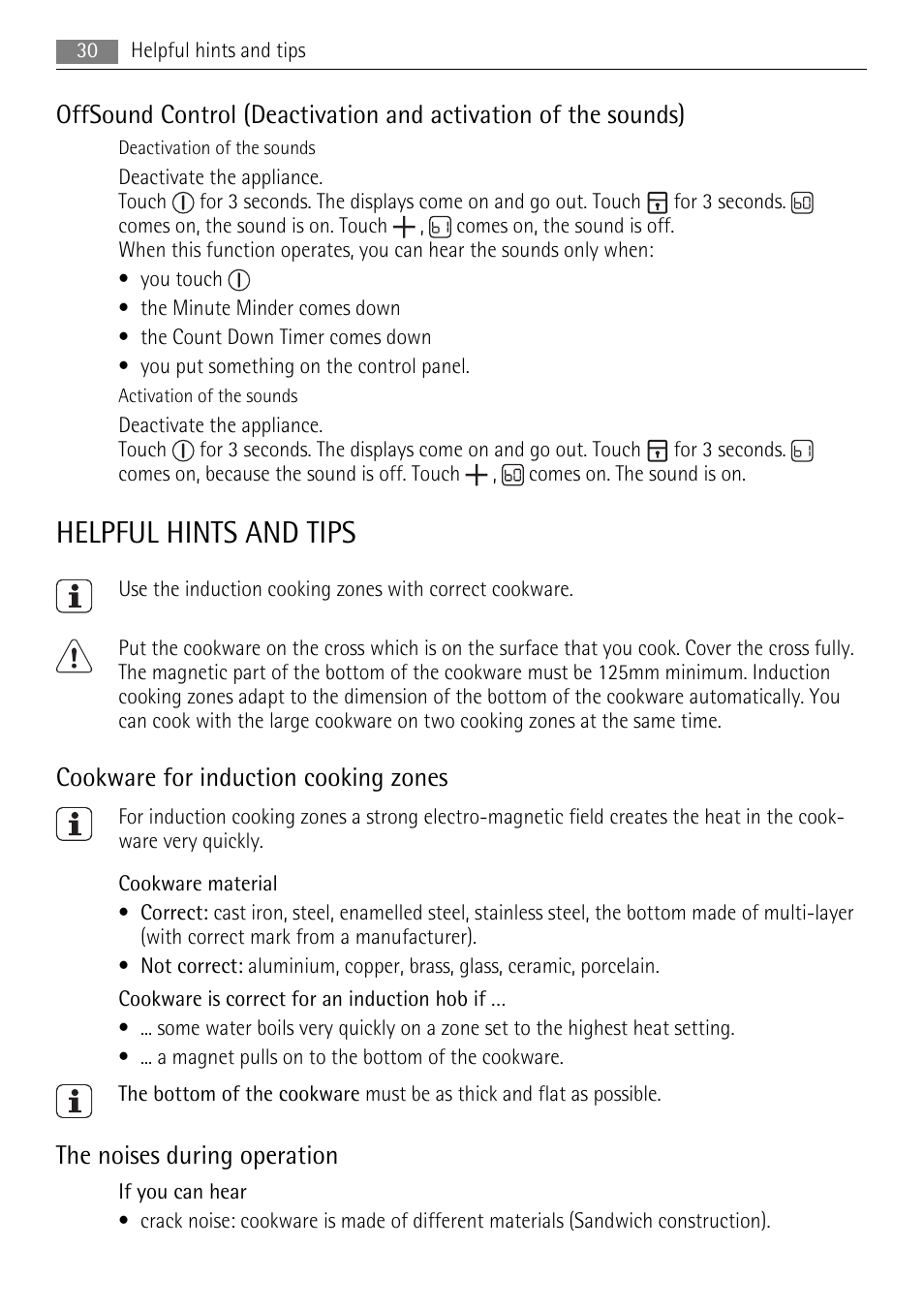 Helpful hints and tips, Cookware for induction cooking zones, The noises during operation | AEG HK764403FB User Manual | Page 30 / 72