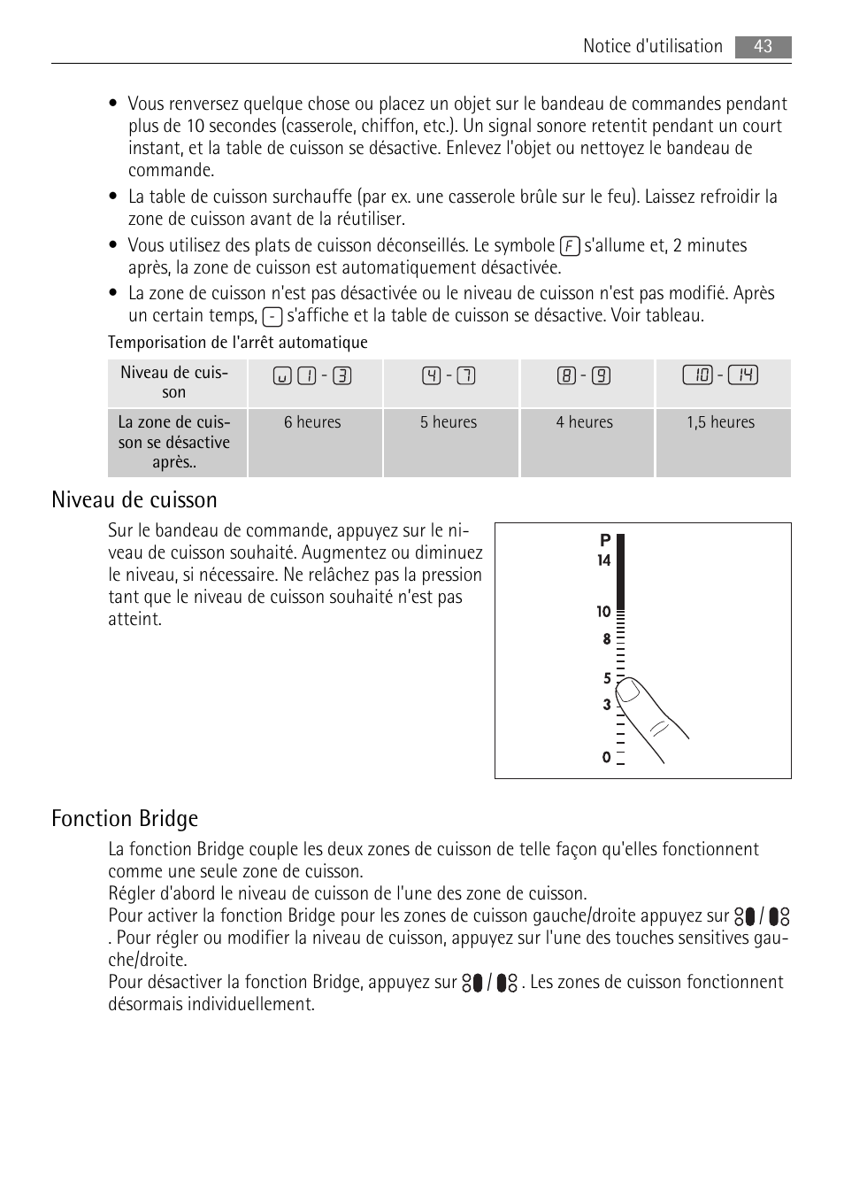 Niveau de cuisson, Fonction bridge | AEG HK764403FB User Manual | Page 43 / 72