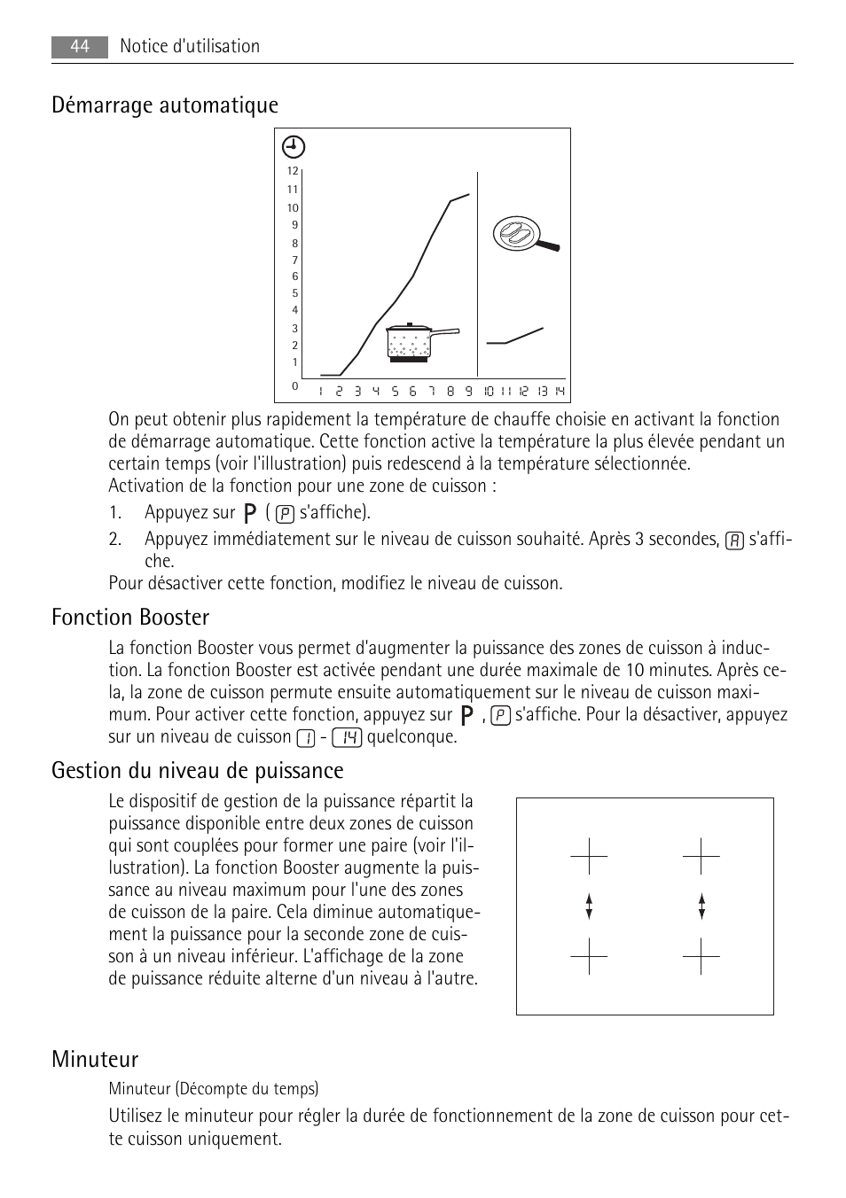 Démarrage automatique, Fonction booster, Gestion du niveau de puissance | Minuteur | AEG HK764403FB User Manual | Page 44 / 72