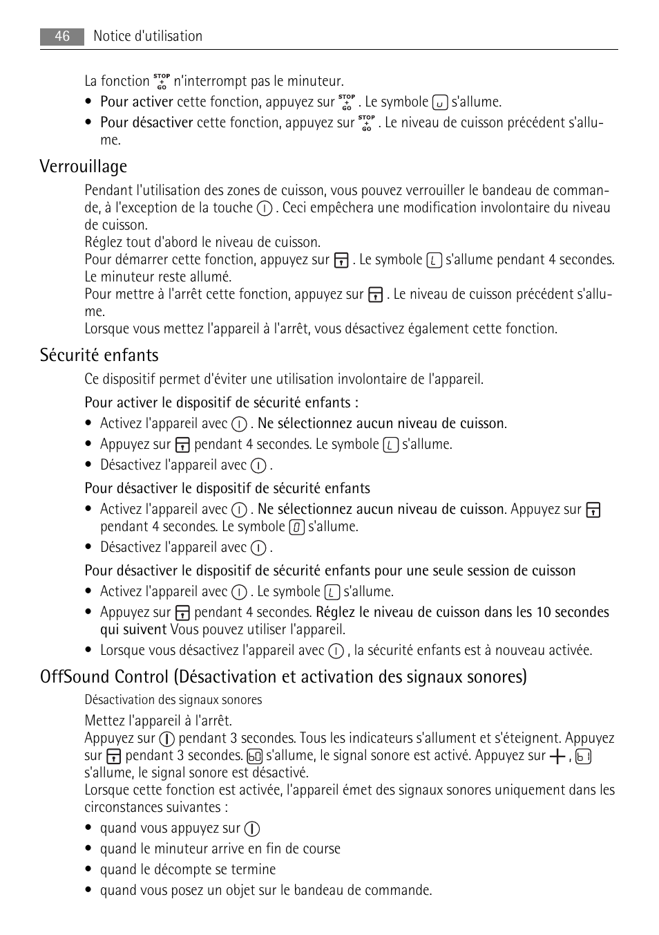 Verrouillage, Sécurité enfants | AEG HK764403FB User Manual | Page 46 / 72