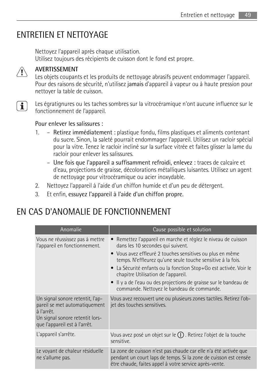 Entretien et nettoyage, En cas d'anomalie de fonctionnement | AEG HK764403FB User Manual | Page 49 / 72