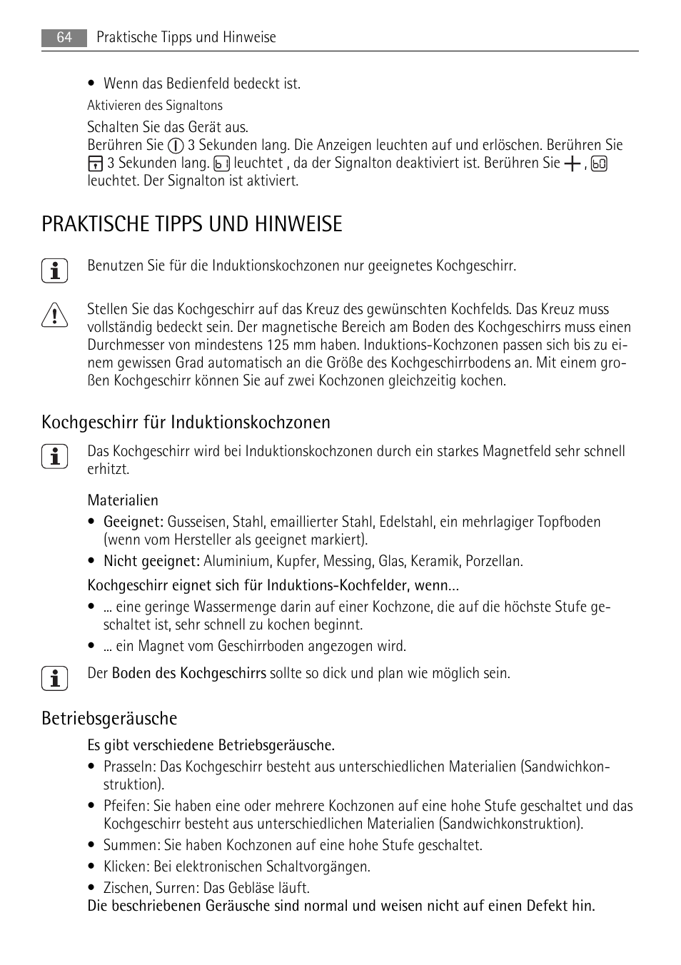 Praktische tipps und hinweise, Kochgeschirr für induktionskochzonen, Betriebsgeräusche | AEG HK764403FB User Manual | Page 64 / 72