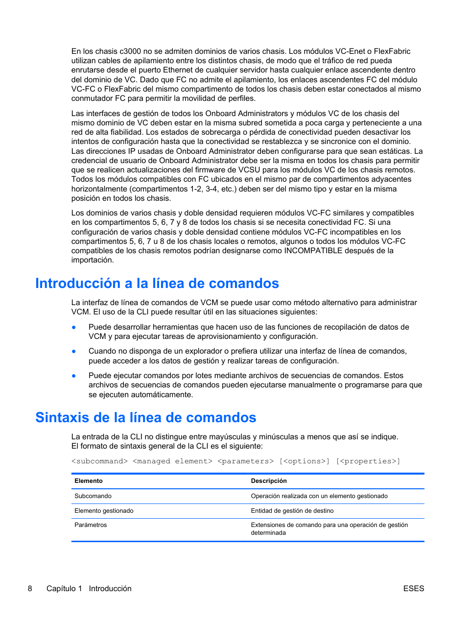 Introducción a la línea de comandos, Sintaxis de la línea de comandos | HP Módulo de conexión virtual HP FlexFabric de 10 Gb24 puertos para BladeSystem clase-c User Manual | Page 15 / 266