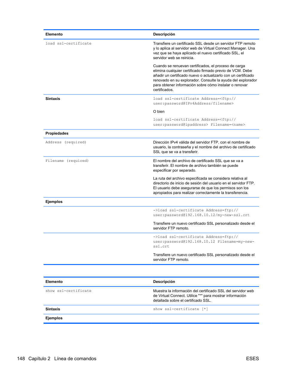 148 capítulo 2 línea de comandos eses | HP Módulo de conexión virtual HP FlexFabric de 10 Gb24 puertos para BladeSystem clase-c User Manual | Page 155 / 266