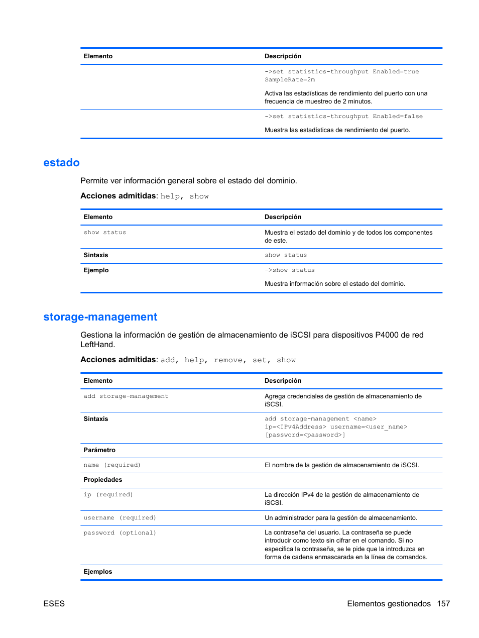 Estado, Storage-management, Estado storage-management | HP Módulo de conexión virtual HP FlexFabric de 10 Gb24 puertos para BladeSystem clase-c User Manual | Page 164 / 266