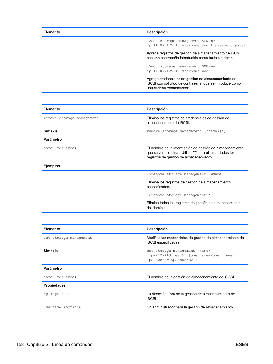 158 capítulo 2 línea de comandos eses | HP Módulo de conexión virtual HP FlexFabric de 10 Gb24 puertos para BladeSystem clase-c User Manual | Page 165 / 266