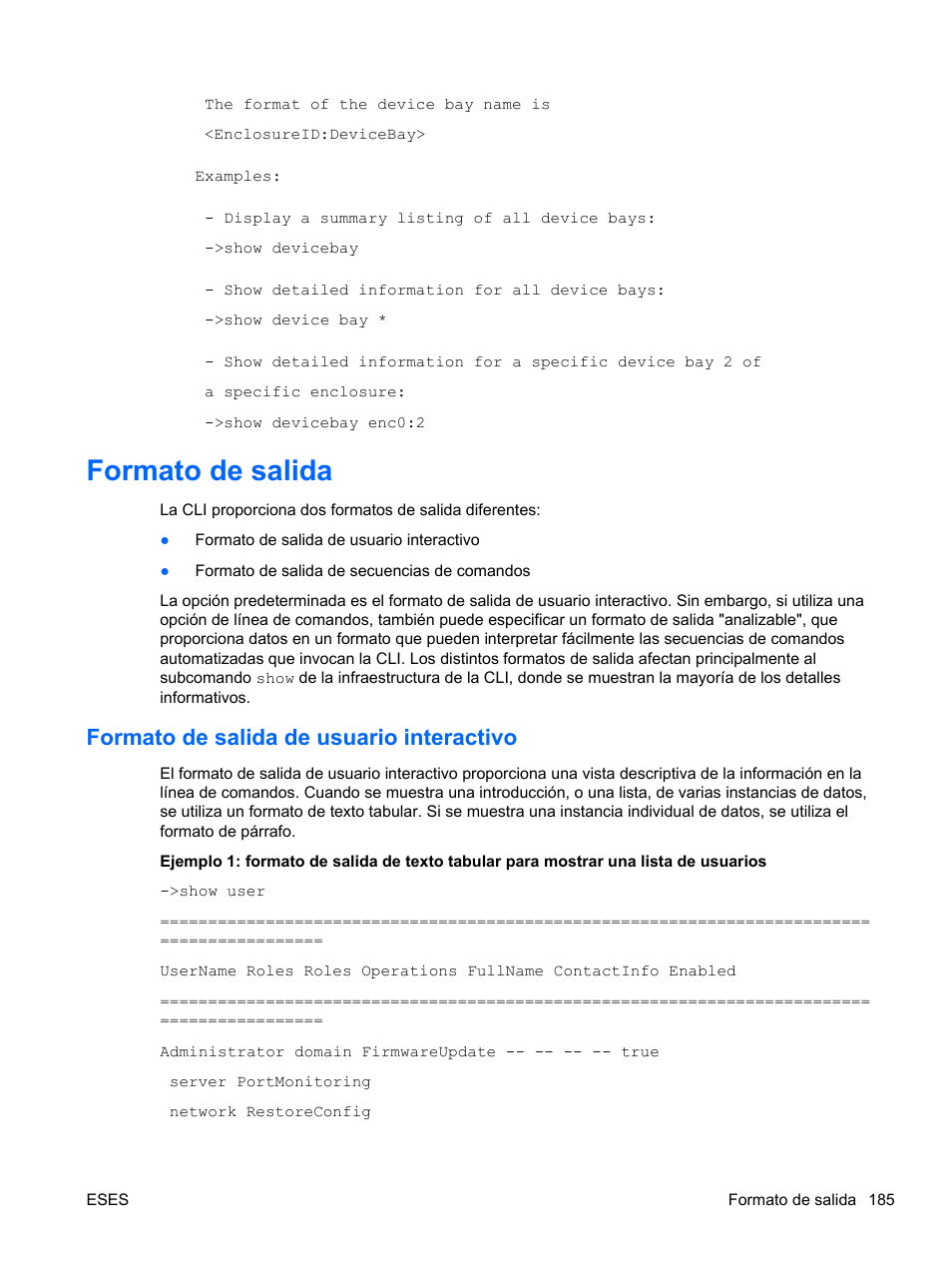 Formato de salida, Formato de salida de usuario interactivo | HP Módulo de conexión virtual HP FlexFabric de 10 Gb24 puertos para BladeSystem clase-c User Manual | Page 192 / 266