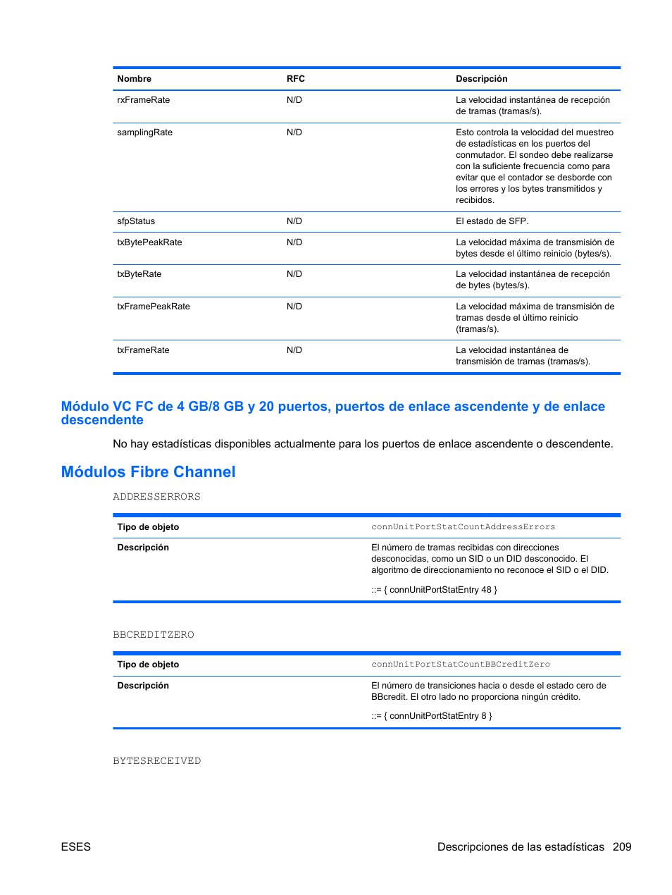 Módulos fibre channel | HP Módulo de conexión virtual HP FlexFabric de 10 Gb24 puertos para BladeSystem clase-c User Manual | Page 216 / 266