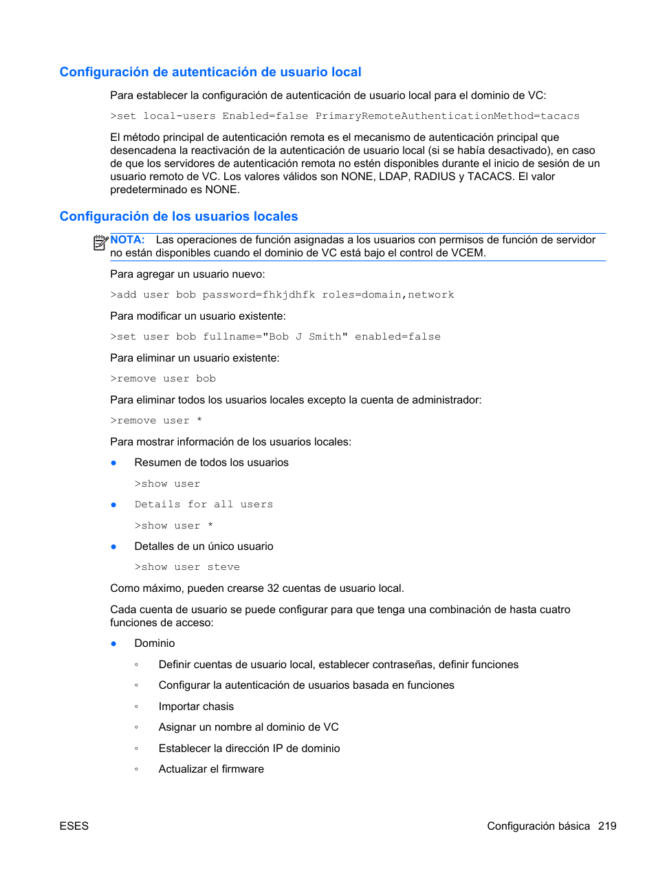 Configuración de autenticación de usuario local, Configuración de los usuarios locales, Configuración de autenticación de | HP Módulo de conexión virtual HP FlexFabric de 10 Gb24 puertos para BladeSystem clase-c User Manual | Page 226 / 266
