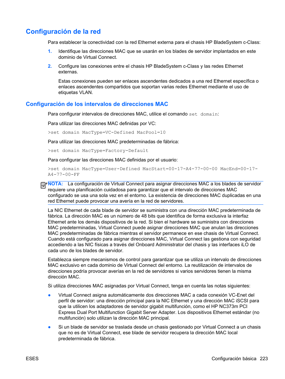 Configuración de la red, Configuración de los intervalos de direcciones mac | HP Módulo de conexión virtual HP FlexFabric de 10 Gb24 puertos para BladeSystem clase-c User Manual | Page 230 / 266
