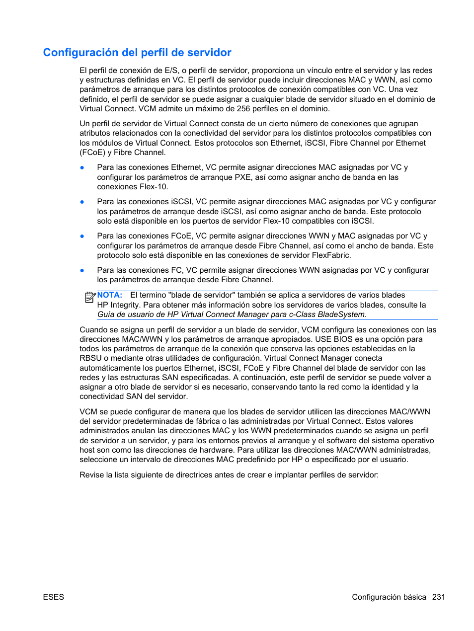 Configuración del perfil de servidor | HP Módulo de conexión virtual HP FlexFabric de 10 Gb24 puertos para BladeSystem clase-c User Manual | Page 238 / 266