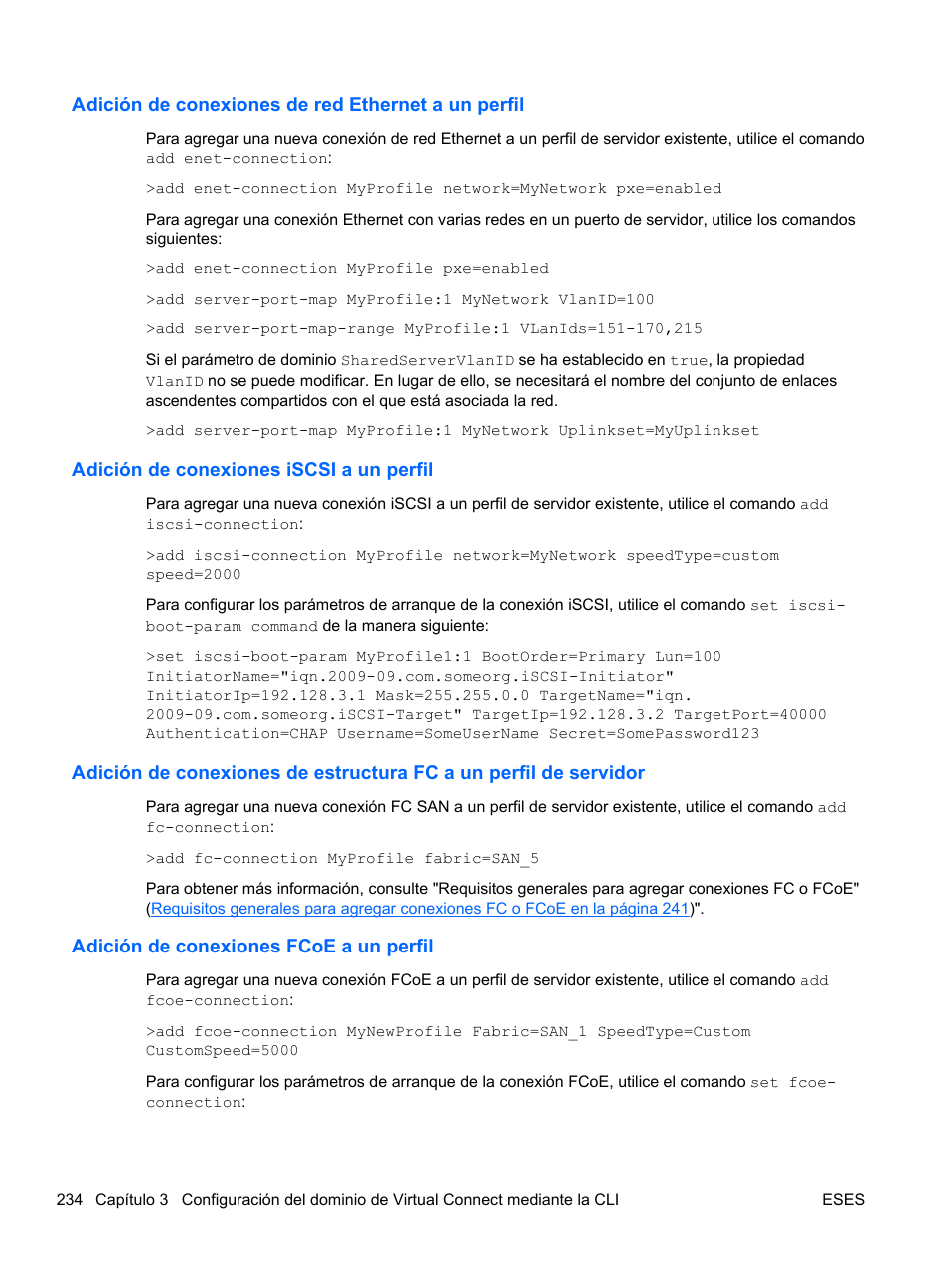 Adición de conexiones de red ethernet a un perfil, Adición de conexiones iscsi a un perfil, Adición de conexiones fcoe a un perfil | HP Módulo de conexión virtual HP FlexFabric de 10 Gb24 puertos para BladeSystem clase-c User Manual | Page 241 / 266