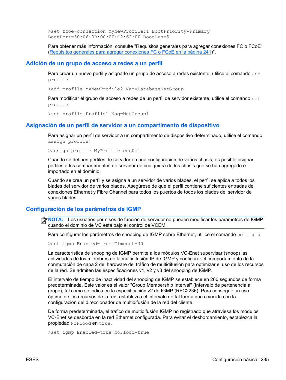 Adición de un grupo de acceso a redes a un perfil, Configuración de los parámetros de igmp | HP Módulo de conexión virtual HP FlexFabric de 10 Gb24 puertos para BladeSystem clase-c User Manual | Page 242 / 266