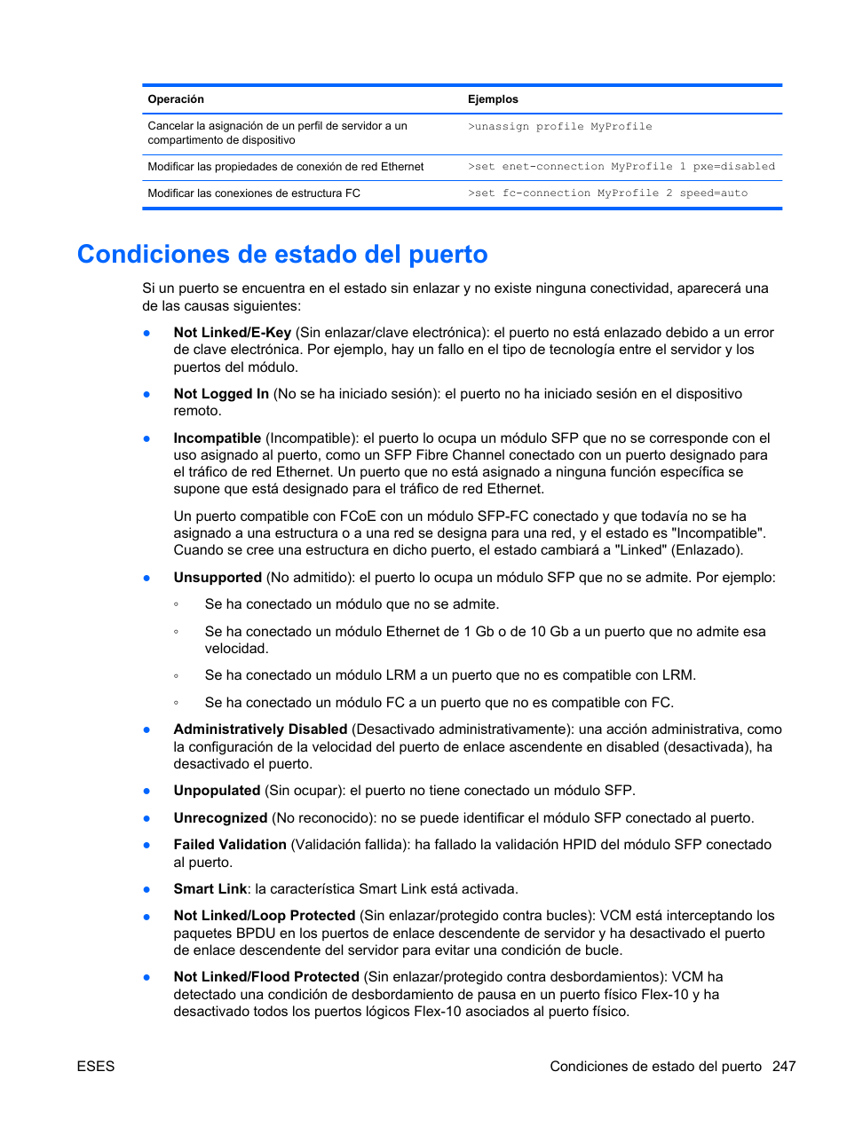 Condiciones de estado del puerto | HP Módulo de conexión virtual HP FlexFabric de 10 Gb24 puertos para BladeSystem clase-c User Manual | Page 254 / 266