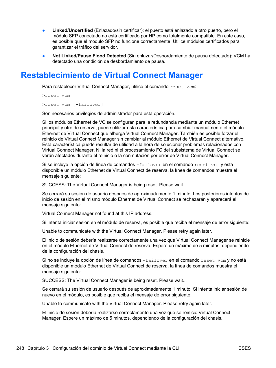 Restablecimiento de virtual connect manager | HP Módulo de conexión virtual HP FlexFabric de 10 Gb24 puertos para BladeSystem clase-c User Manual | Page 255 / 266