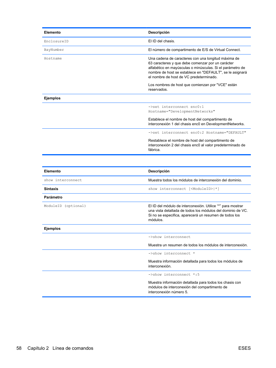 58 capítulo 2 línea de comandos eses | HP Módulo de conexión virtual HP FlexFabric de 10 Gb24 puertos para BladeSystem clase-c User Manual | Page 65 / 266