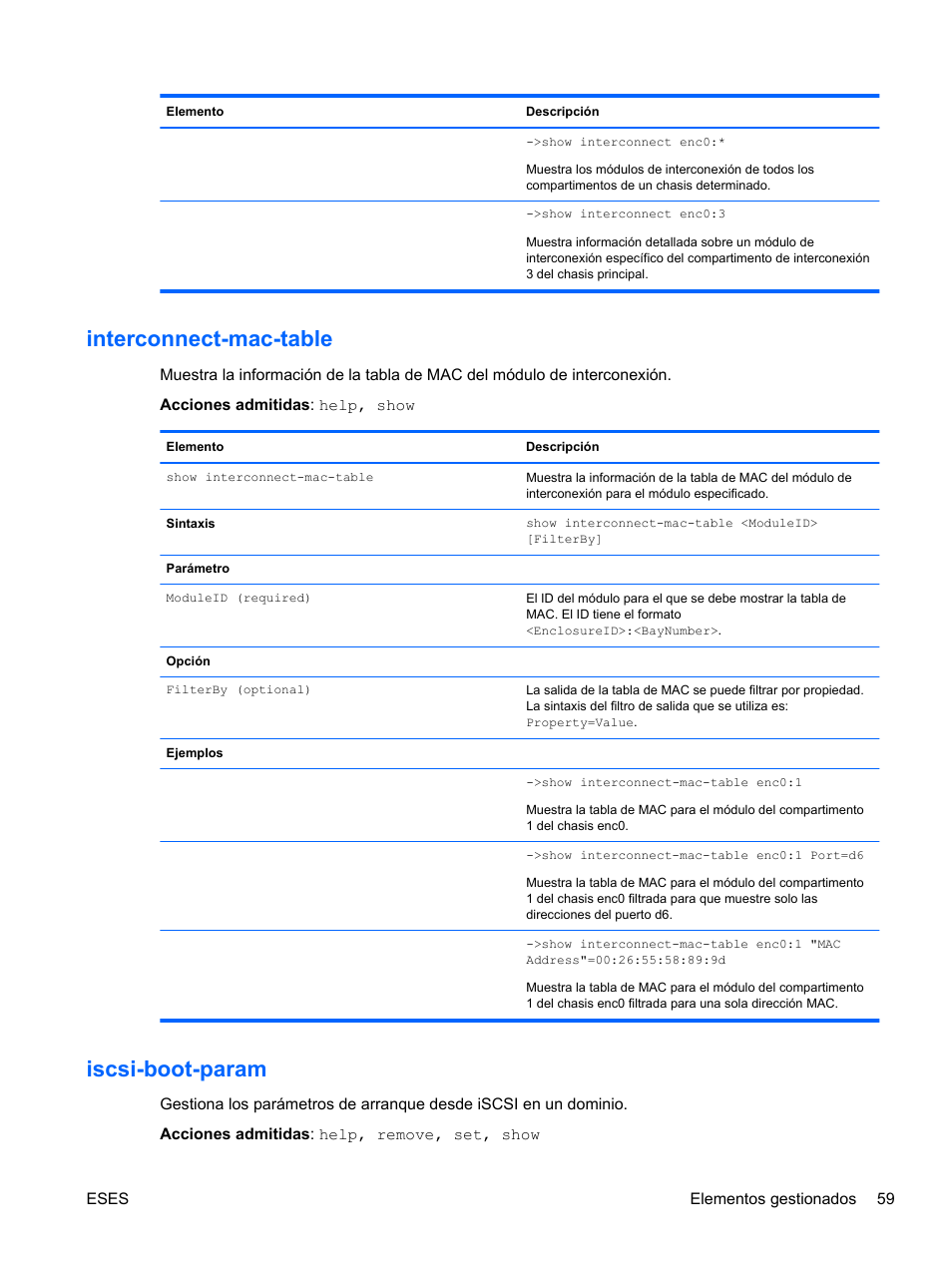 Interconnect-mac-table, Iscsi-boot-param, Interconnect-mac-table iscsi-boot-param | Able, Aram | HP Módulo de conexión virtual HP FlexFabric de 10 Gb24 puertos para BladeSystem clase-c User Manual | Page 66 / 266