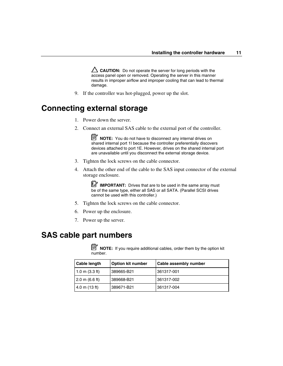 Connecting external storage, Sas cable part numbers | HP Integrity rx4640 Server User Manual | Page 11 / 58
