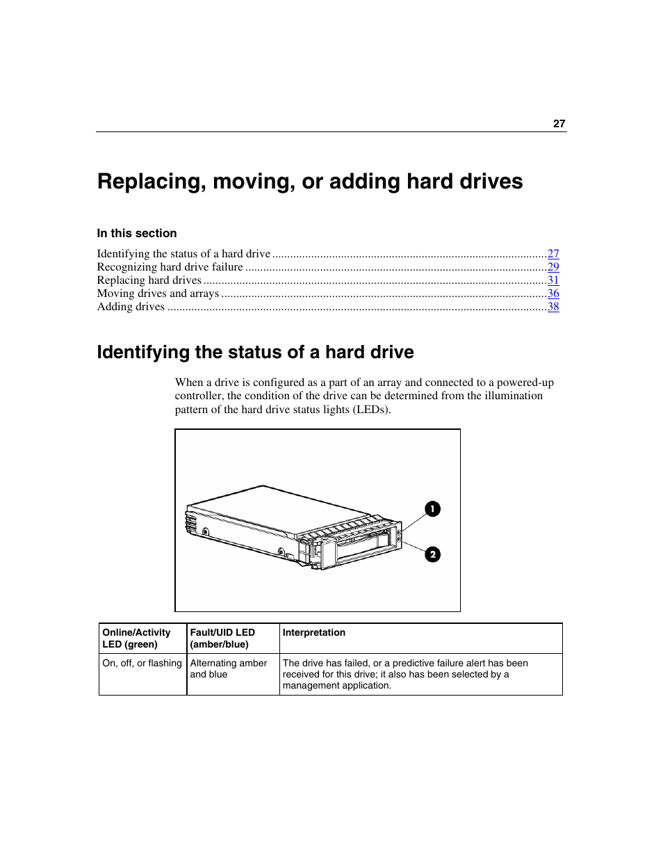 Replacing, moving, or adding hard drives, Identifying the status of a hard drive | HP Integrity rx4640 Server User Manual | Page 27 / 58