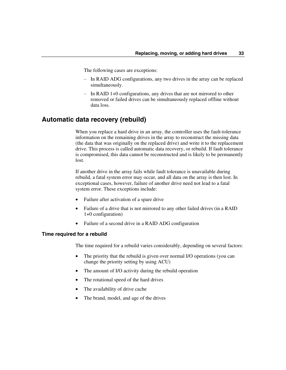 Automatic data recovery (rebuild), Time required for a rebuild | HP Integrity rx4640 Server User Manual | Page 33 / 58
