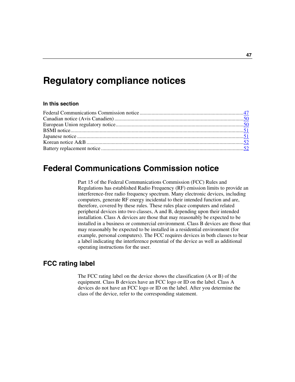 Regulatory compliance notices, Federal communications commission notice, Fcc rating label | HP Integrity rx4640 Server User Manual | Page 47 / 58