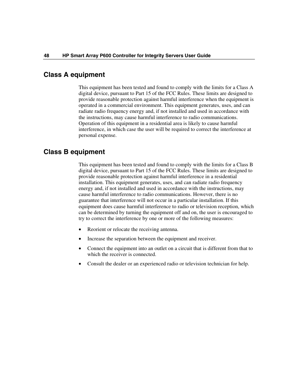 Class a equipment, Class b equipment | HP Integrity rx4640 Server User Manual | Page 48 / 58