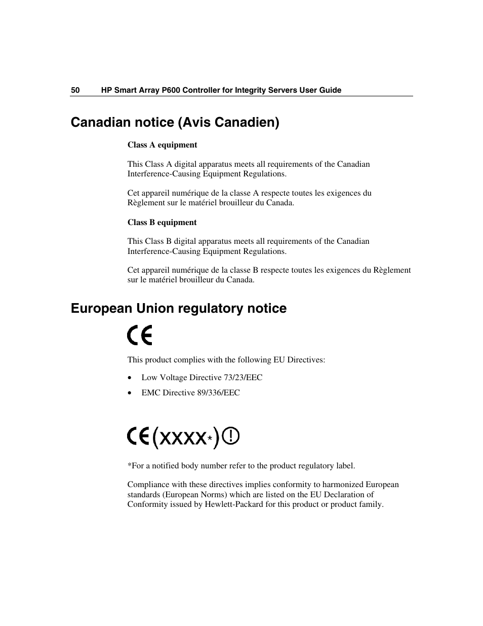Canadian notice (avis canadien), European union regulatory notice | HP Integrity rx4640 Server User Manual | Page 50 / 58