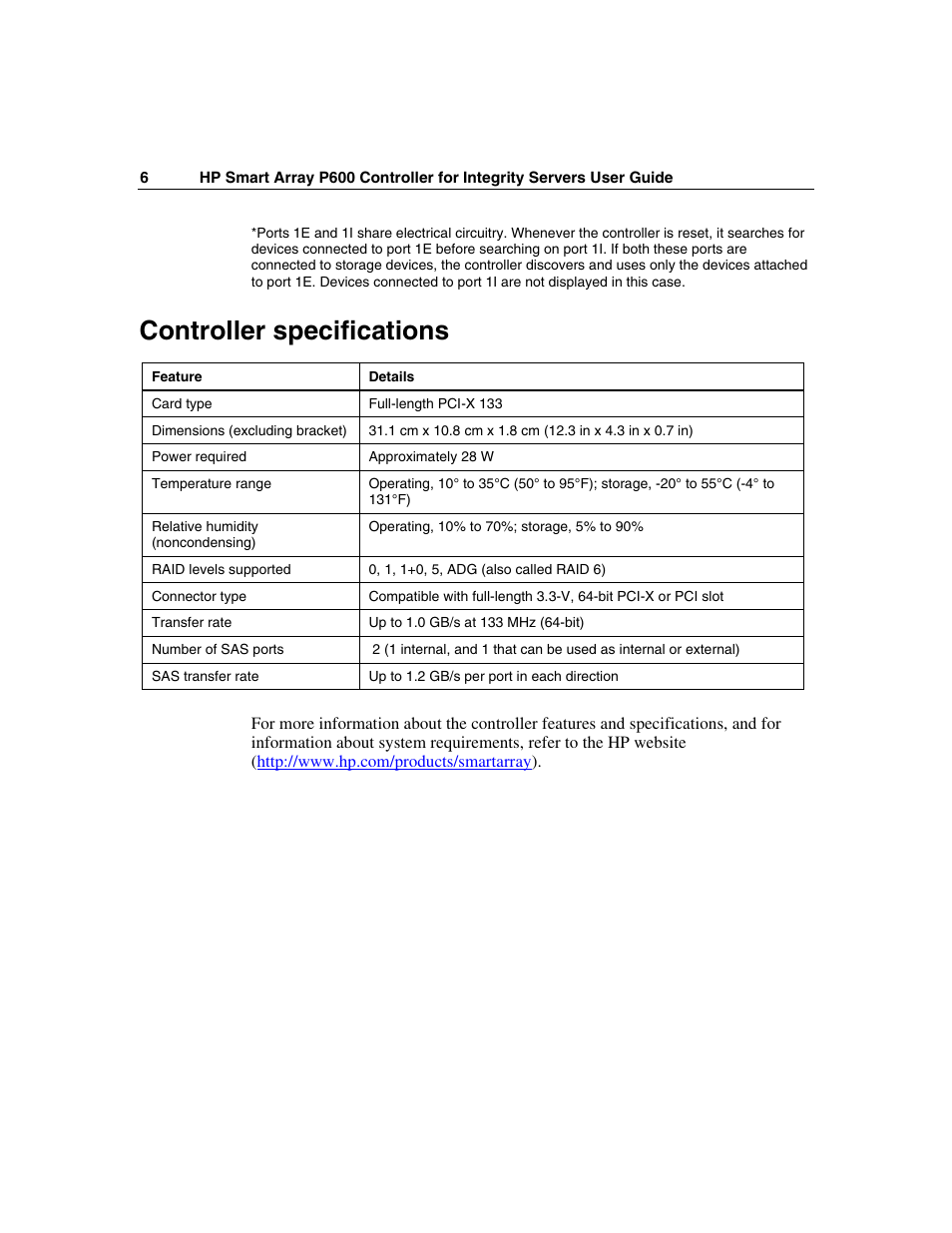 Controller specifications | HP Integrity rx4640 Server User Manual | Page 6 / 58