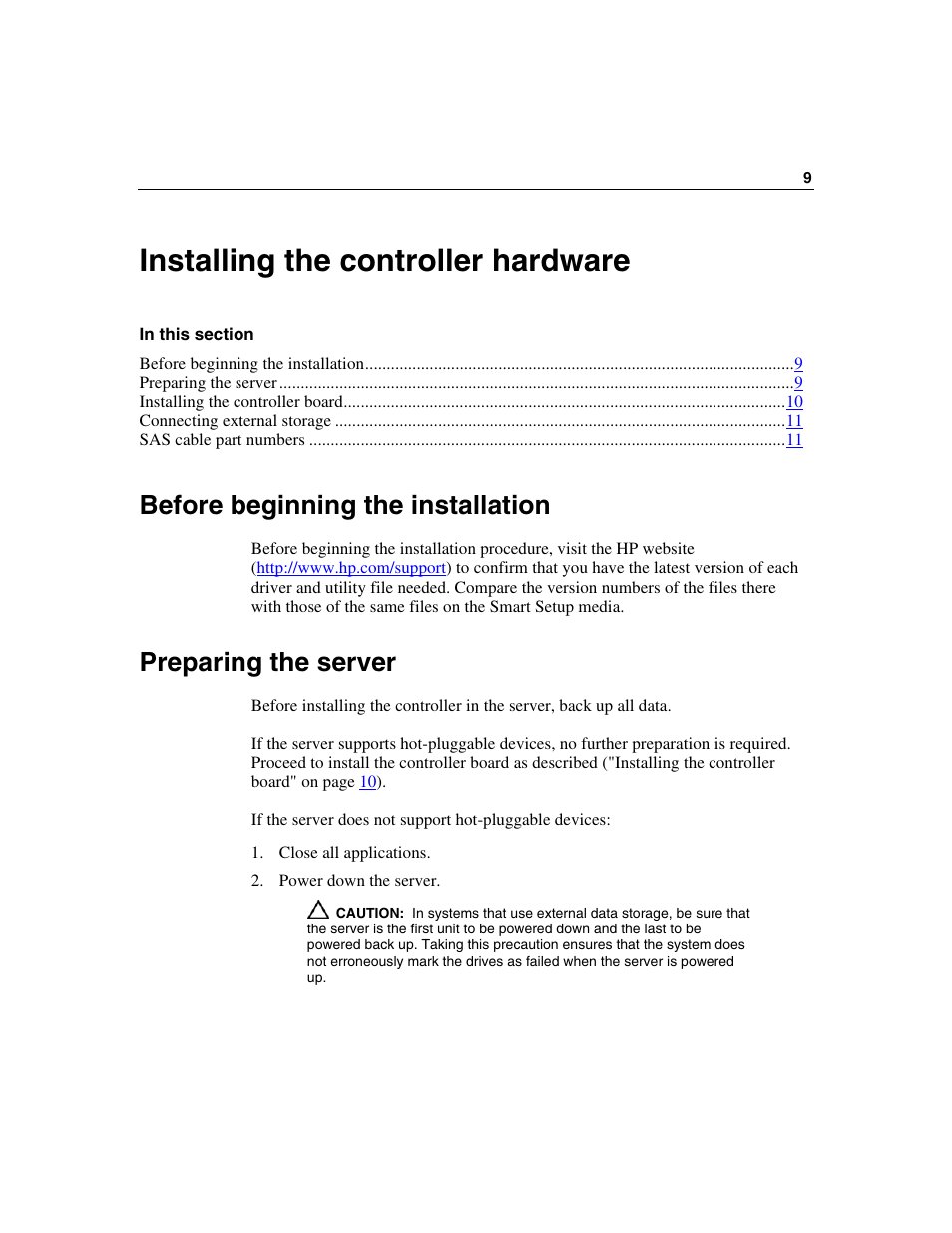 Installing the controller hardware, Before beginning the installation, Preparing the server | HP Integrity rx4640 Server User Manual | Page 9 / 58