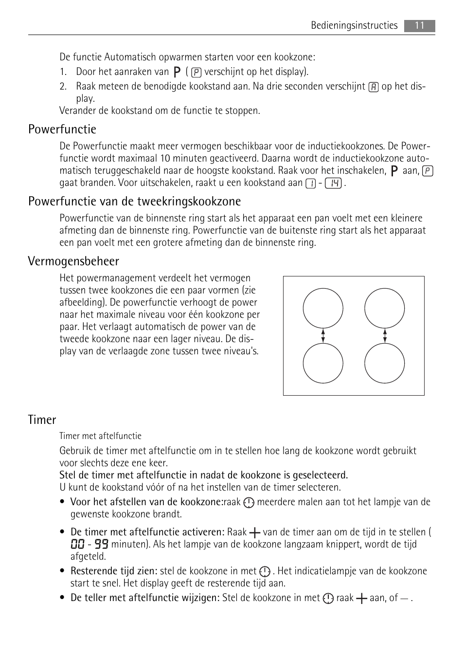 Powerfunctie, Powerfunctie van de tweekringskookzone, Vermogensbeheer | Timer | AEG HK654250XB User Manual | Page 11 / 84