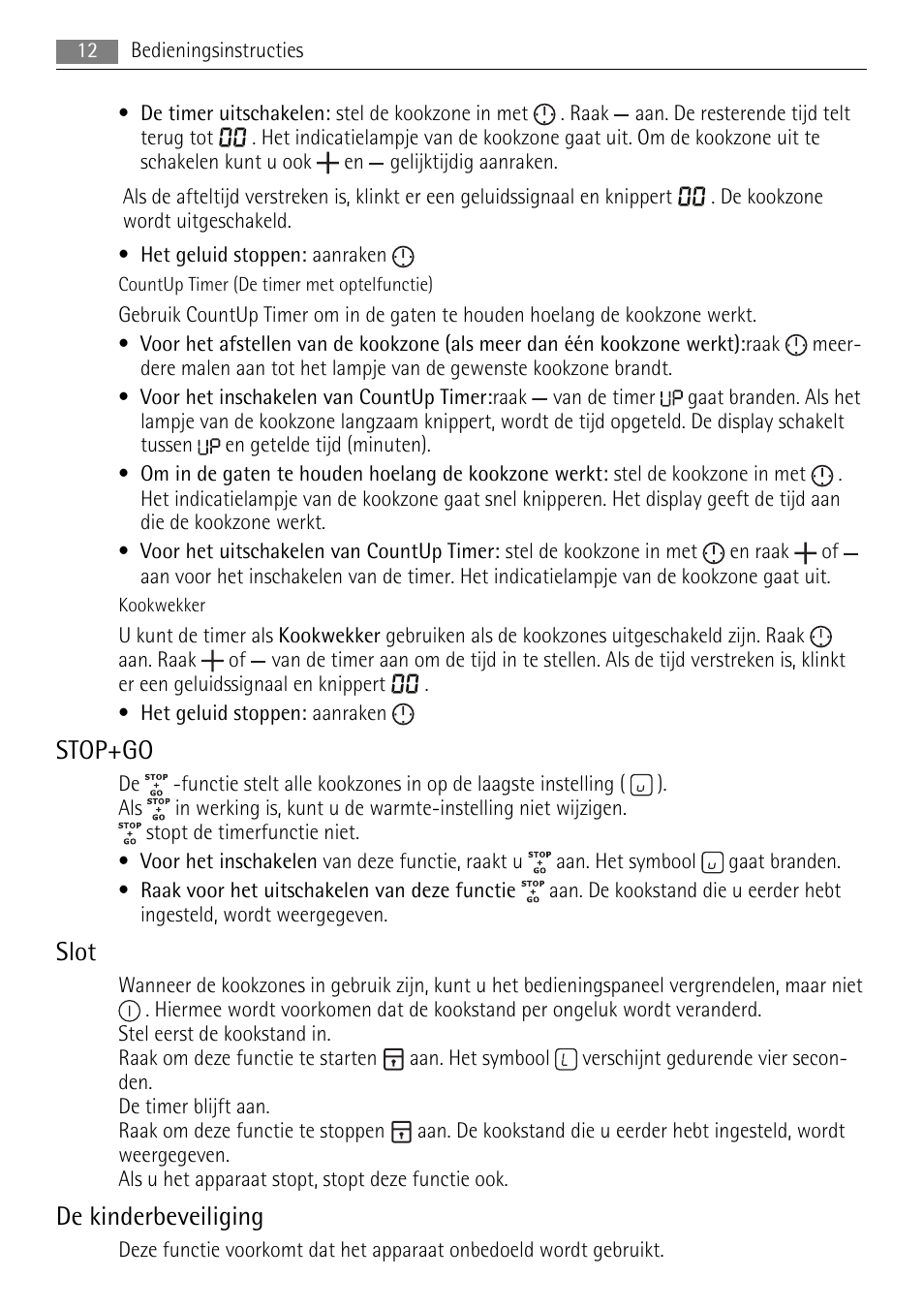 Stop+go, Slot, De kinderbeveiliging | AEG HK654250XB User Manual | Page 12 / 84