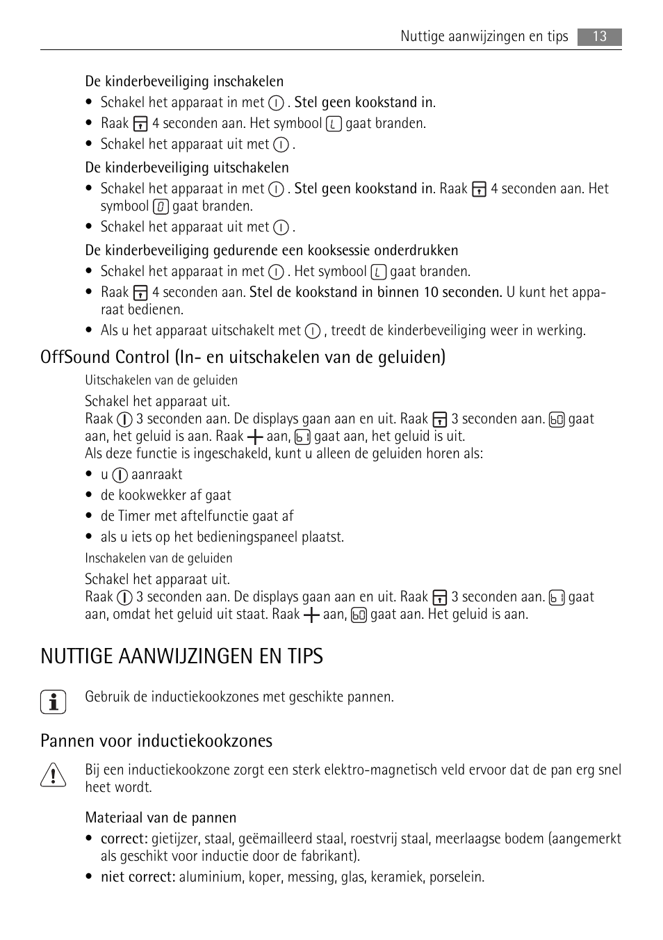 Nuttige aanwijzingen en tips, Pannen voor inductiekookzones | AEG HK654250XB User Manual | Page 13 / 84