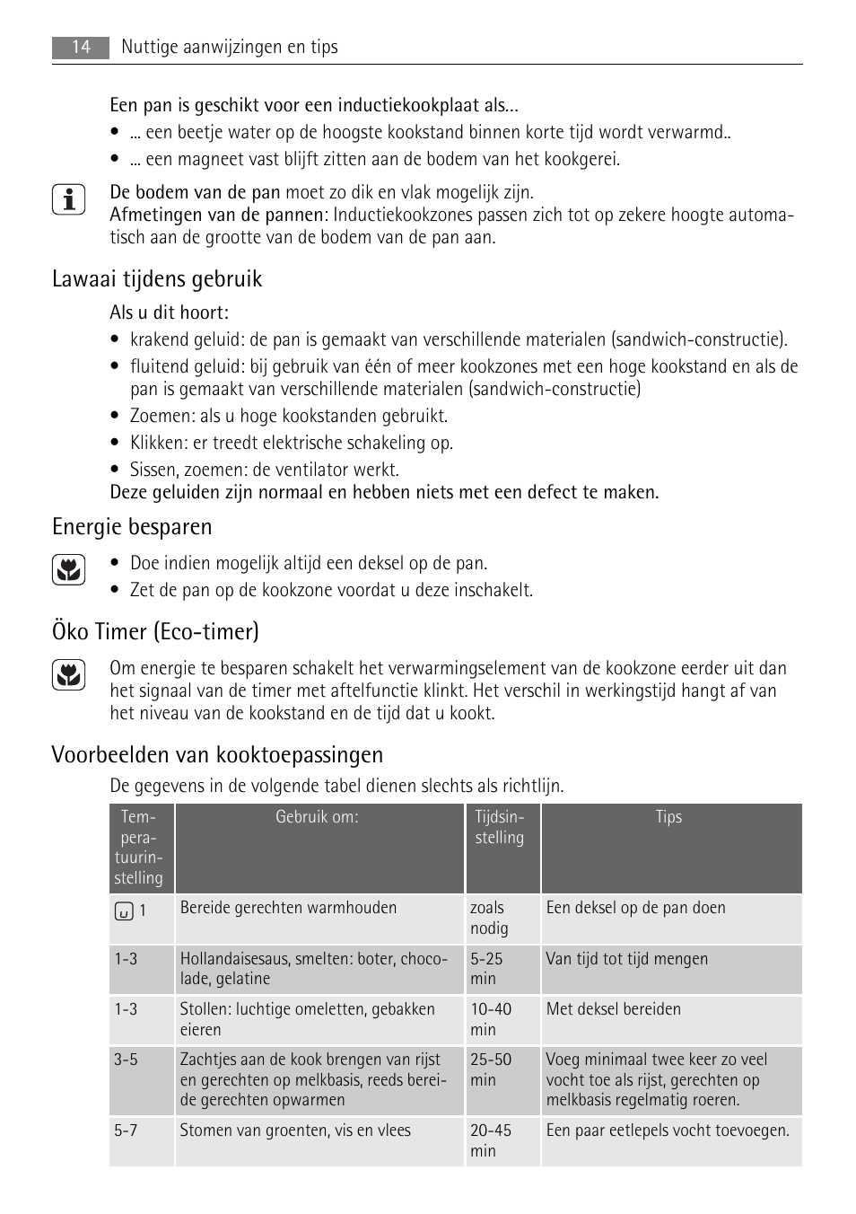 Lawaai tijdens gebruik, Energie besparen, Öko timer (eco-timer) | Voorbeelden van kooktoepassingen | AEG HK654250XB User Manual | Page 14 / 84