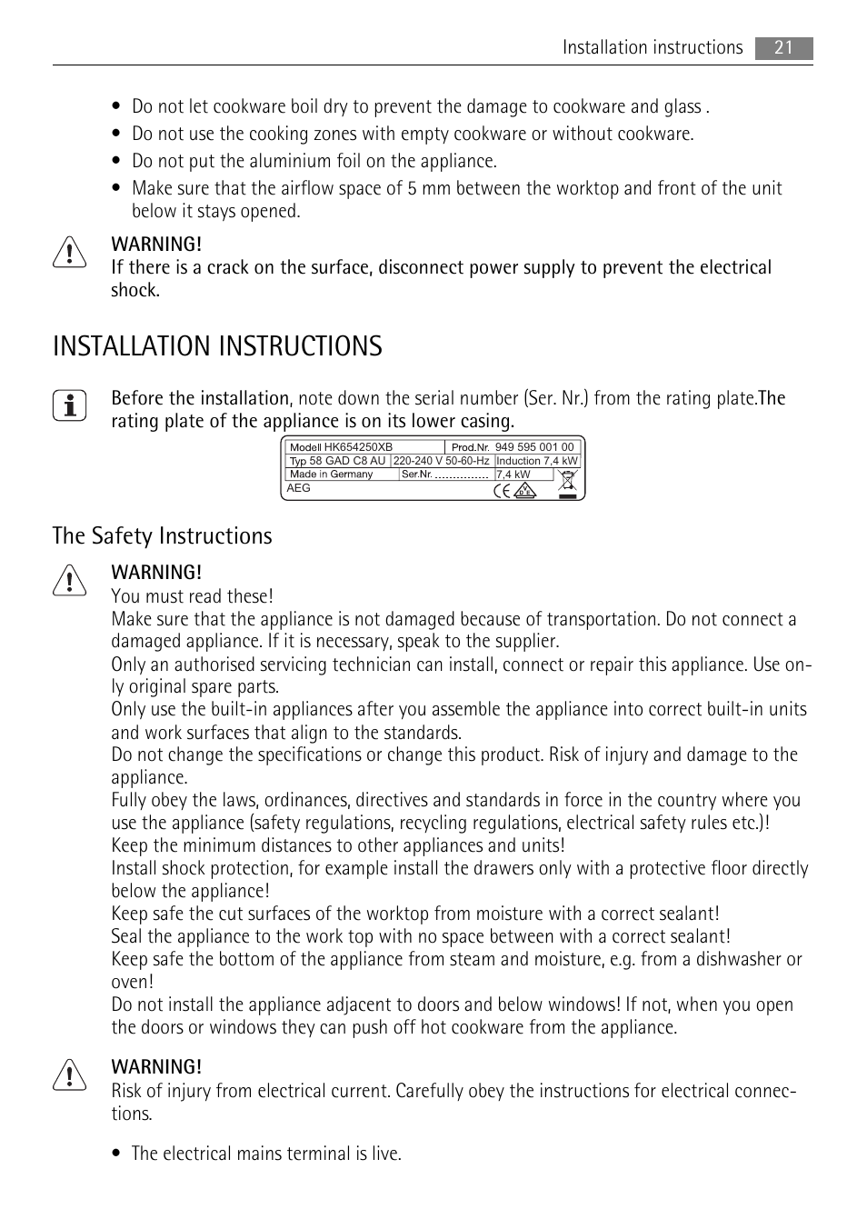 Installation instructions, The safety instructions | AEG HK654250XB User Manual | Page 21 / 84