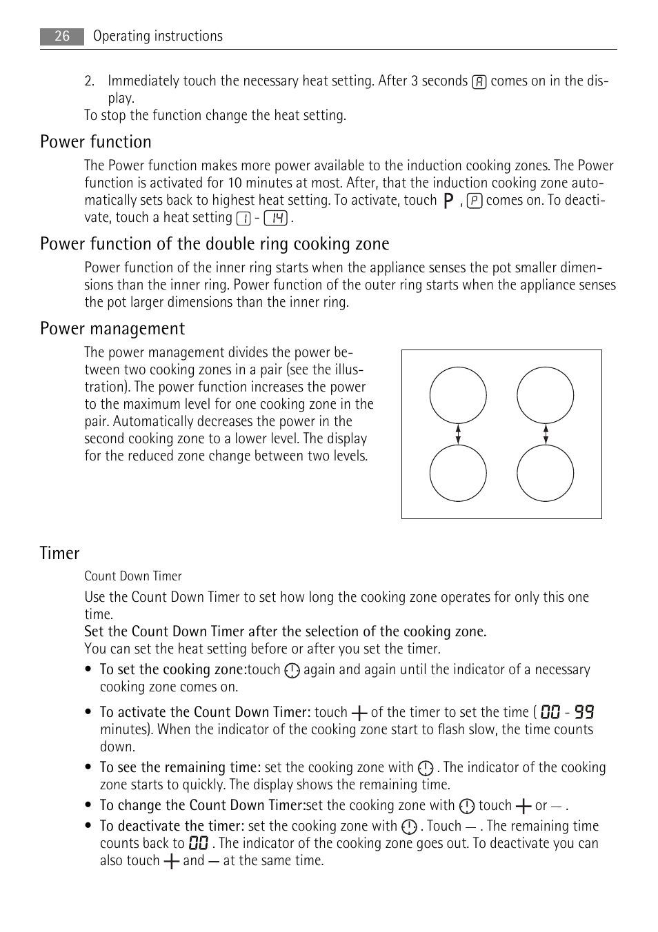 Power function, Power function of the double ring cooking zone, Power management | Timer | AEG HK654250XB User Manual | Page 26 / 84