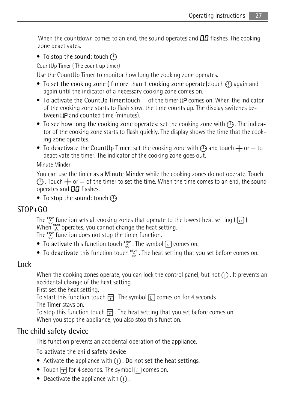 Stop+go, Lock, The child safety device | AEG HK654250XB User Manual | Page 27 / 84