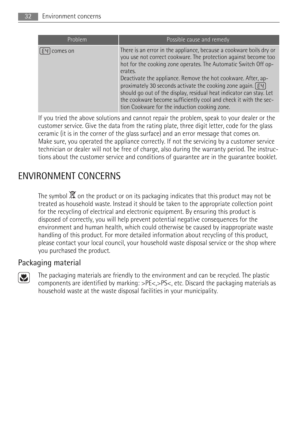 Environment concerns, Packaging material | AEG HK654250XB User Manual | Page 32 / 84