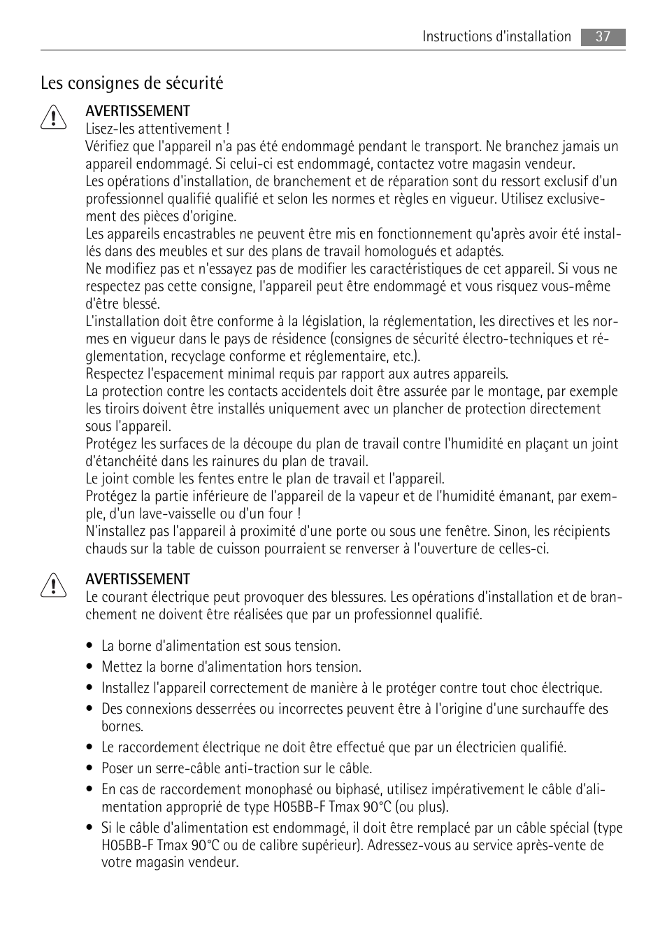 Les consignes de sécurité | AEG HK654250XB User Manual | Page 37 / 84