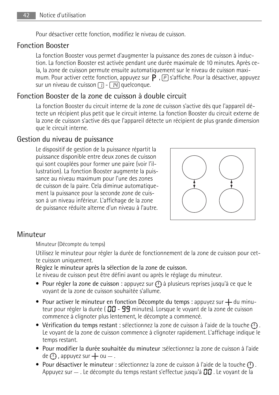 Fonction booster, Gestion du niveau de puissance, Minuteur | AEG HK654250XB User Manual | Page 42 / 84